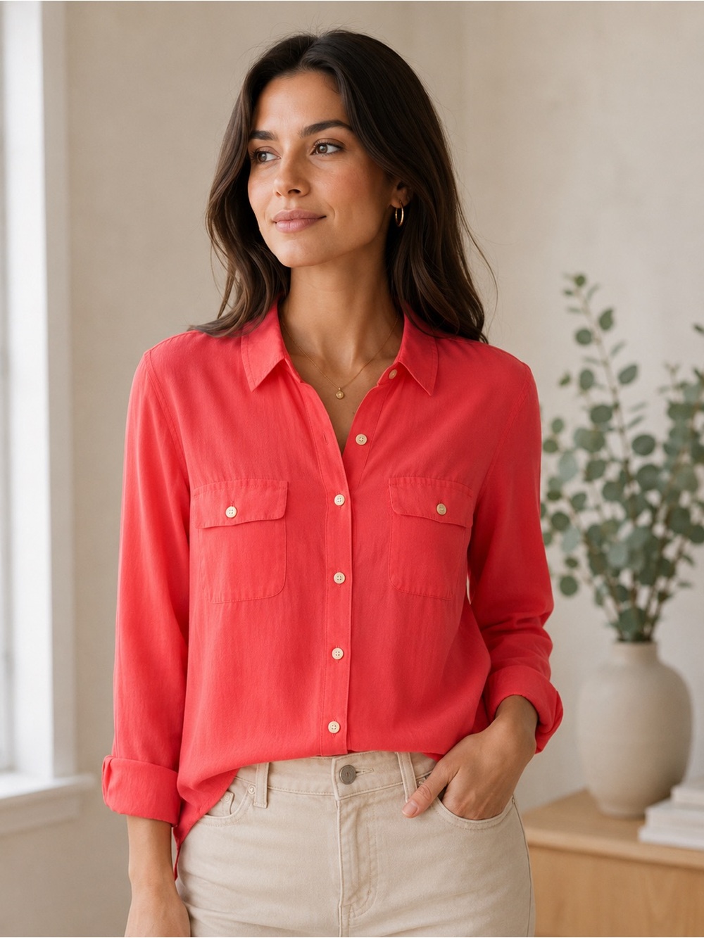 Banana Republic 100% Silk Coral Button-Down Shirt